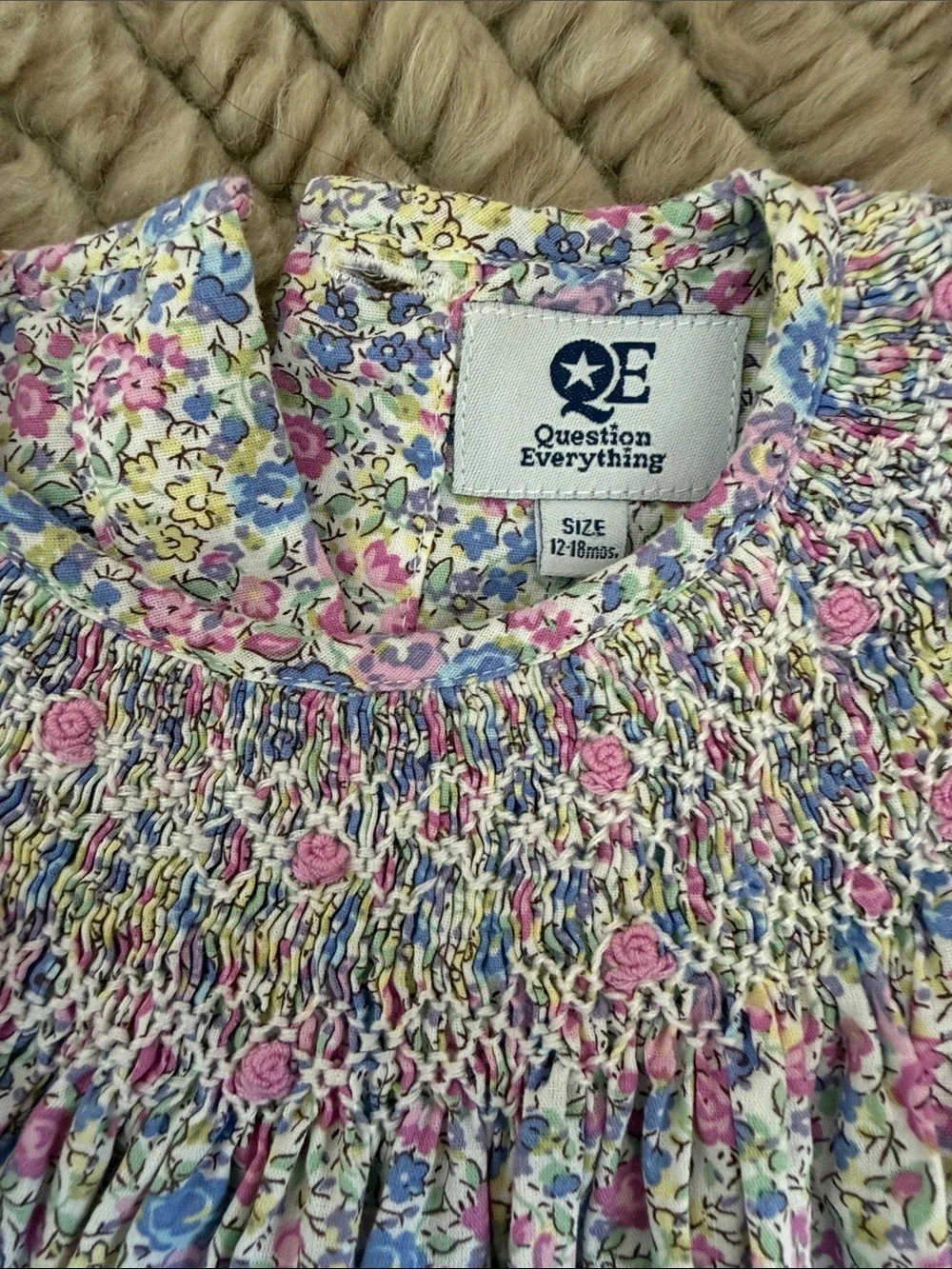 Blue & Pink Floral Smocked Girls' Formal Dress with Bloomers